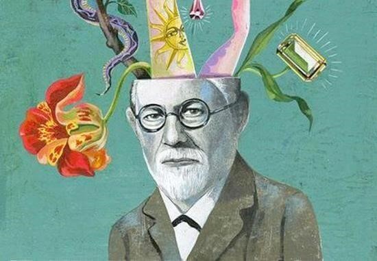 Ilustración de freud con flores en la cabeza
