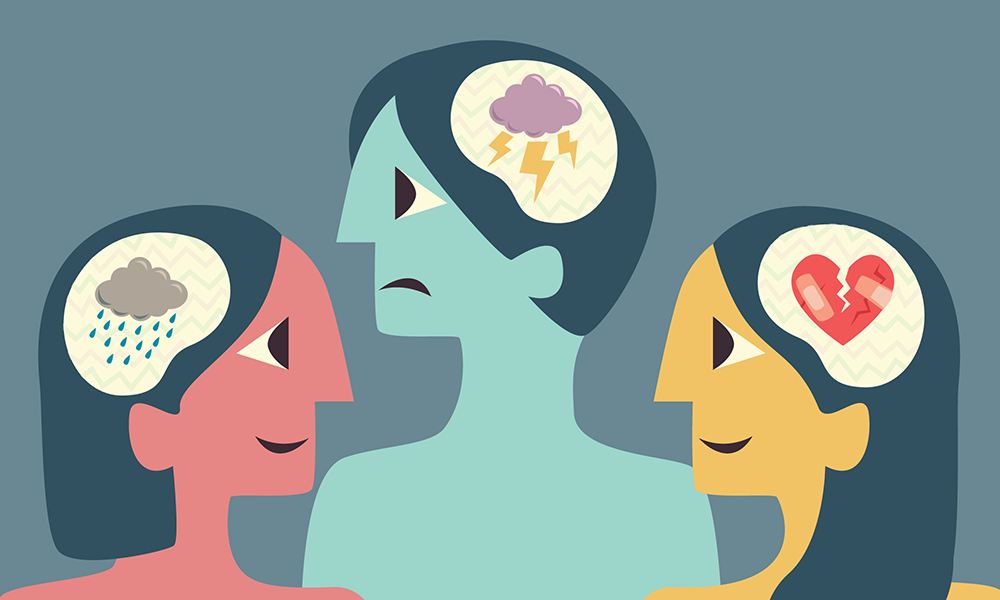 Tres individuos con tristeza, ansiedad y frustrado.

                        